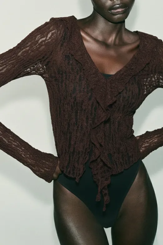 Bayan Kahverengi Dantel Fırfır Detaylı Top - BSL