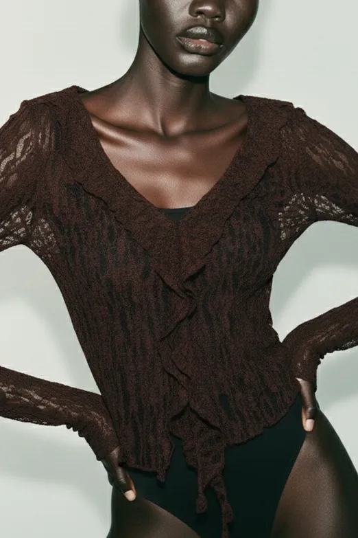 Bayan Kahverengi Dantel Fırfır Detaylı Top - BSL