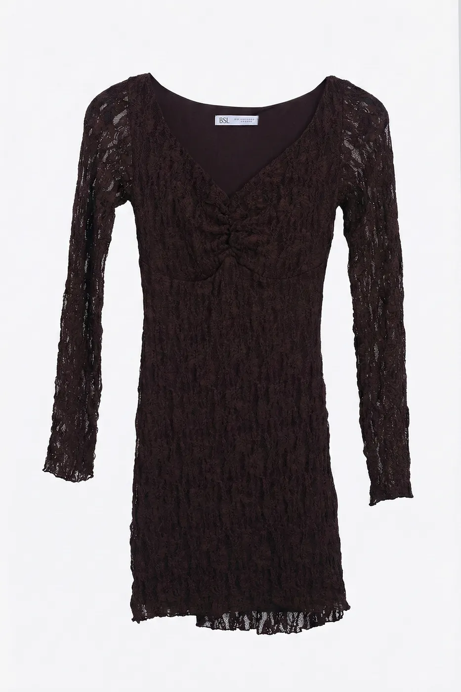 Bayan Kahverengi Derin Yaka Dekolteli Dantel Mini Elbise