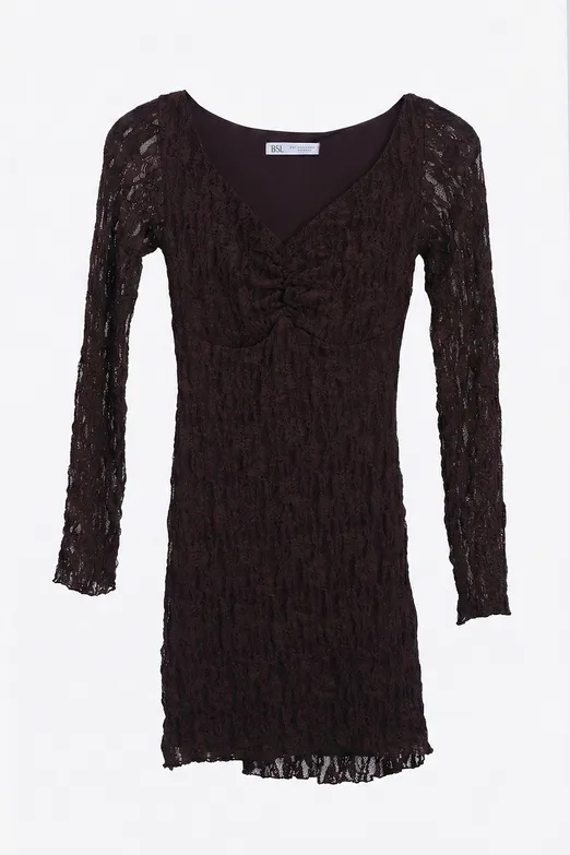 Bayan Kahverengi Derin Yaka Dekolteli Dantel Mini Elbise - BSL