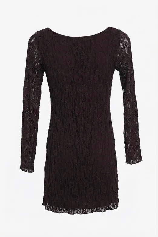 Bayan Kahverengi Derin Yaka Dekolteli Dantel Mini Elbise - BSL