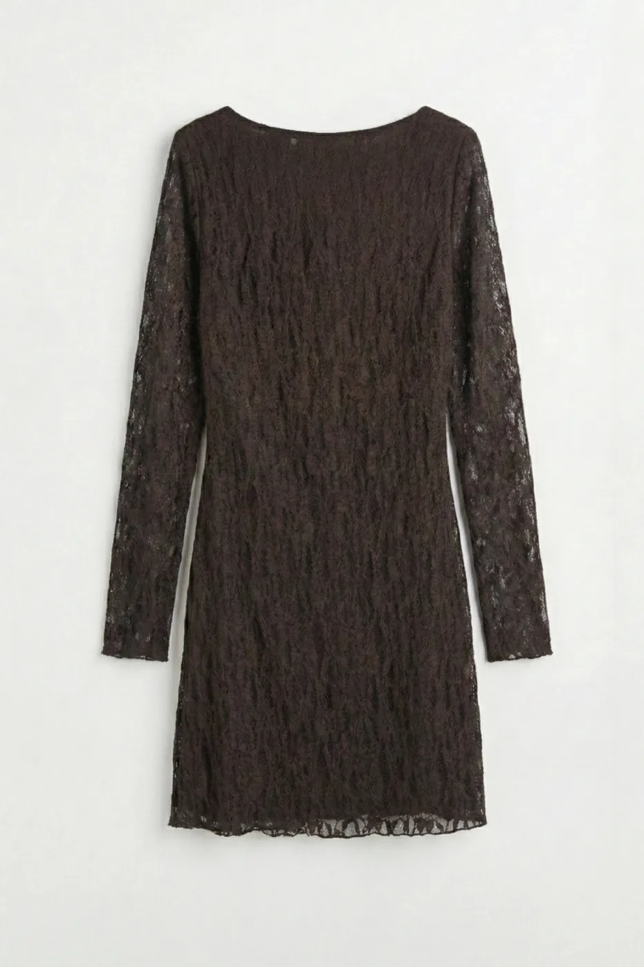 Bayan Kahverengi Derin Yaka Dekolteli Dantel Mini Elbise