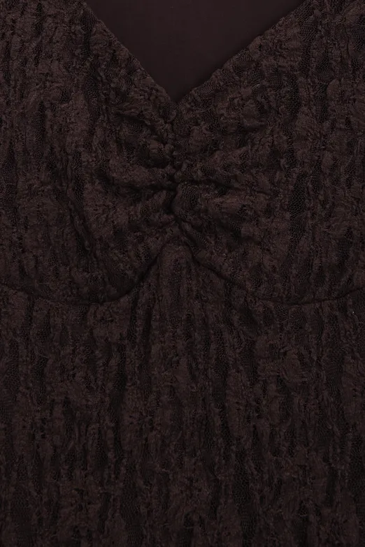 Bayan Kahverengi Derin Yaka Dekolteli Dantel Mini Elbise - BSL