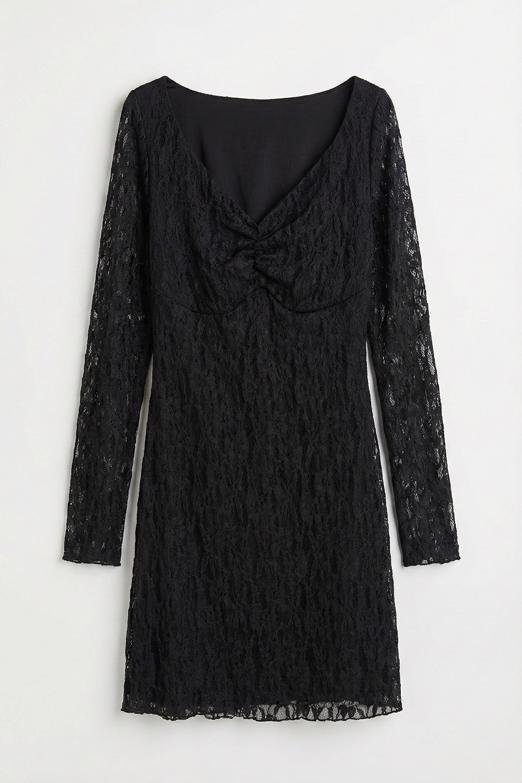 Derin Yaka Dekolteli Dantel Mini Elbise