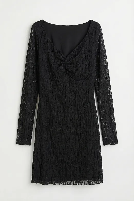 Bayan Siyah Derin Yaka Dekolteli Dantel Mini Elbise - BSL