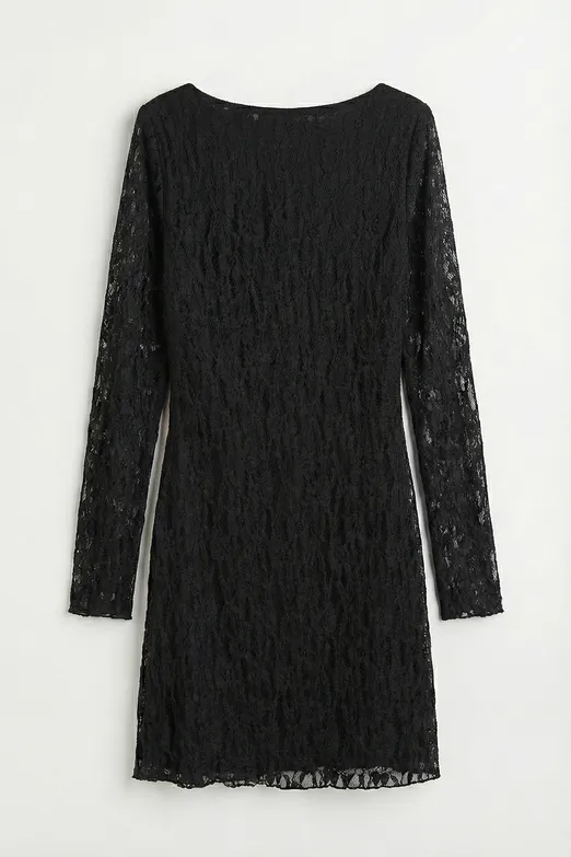 Bayan Siyah Derin Yaka Dekolteli Dantel Mini Elbise - BSL