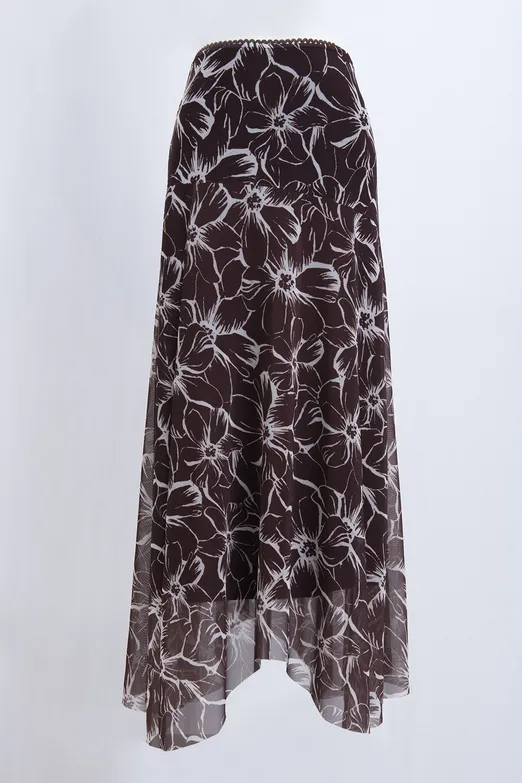 Bayan Kahverengi Astarlı Tül  Midi  Etek - BSL