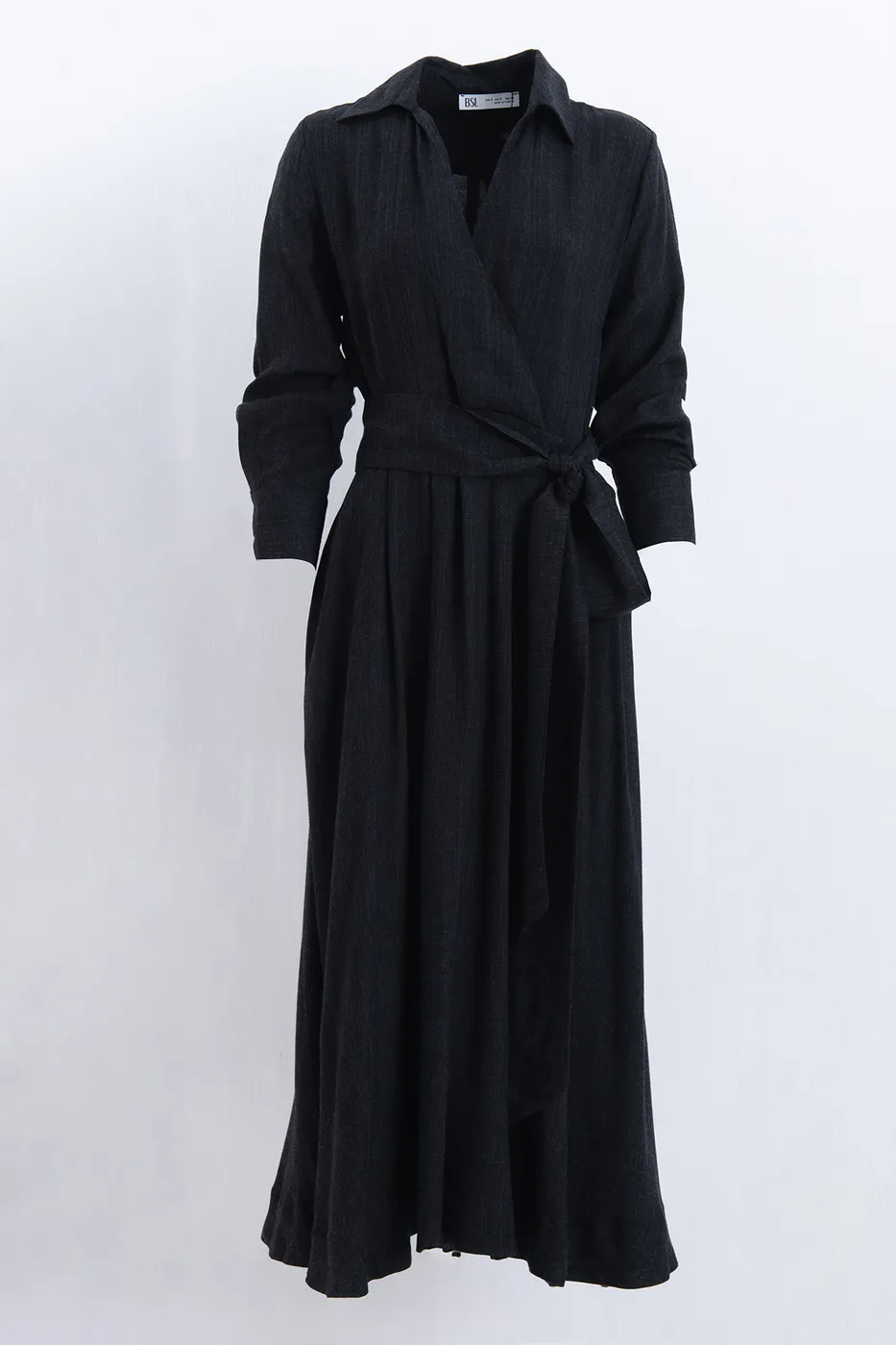 Bayan Antrasit Yün Karışımlı Gömlek Yakalı Midi Elbise