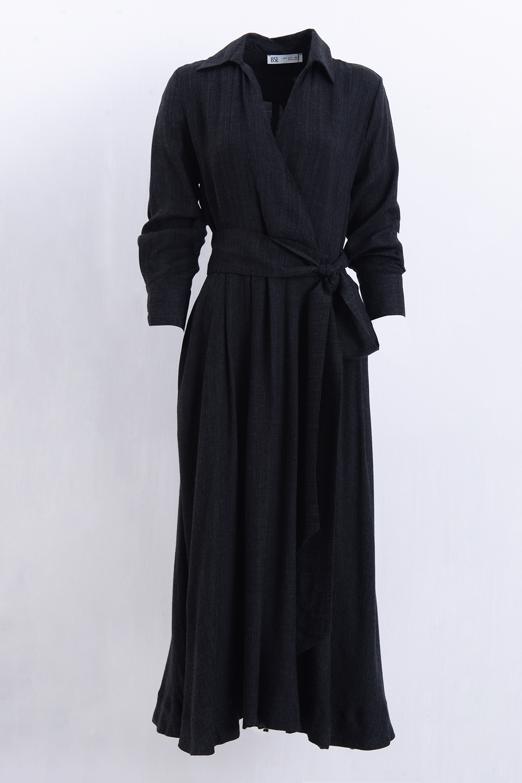 Yün Karışımlı Gömlek Yakalı Midi Elbise