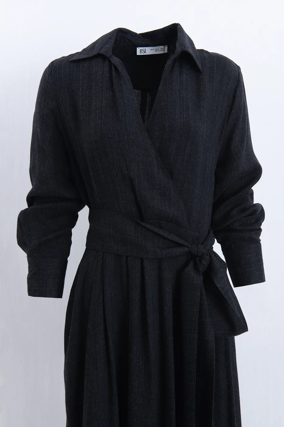 Bayan Antrasit Yün Karışımlı Gömlek Yakalı Midi Elbise