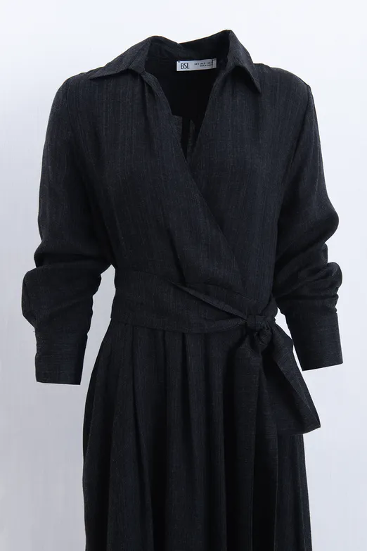 Bayan Antrasit Yün Karışımlı Gömlek Yakalı Midi Elbise - BSL