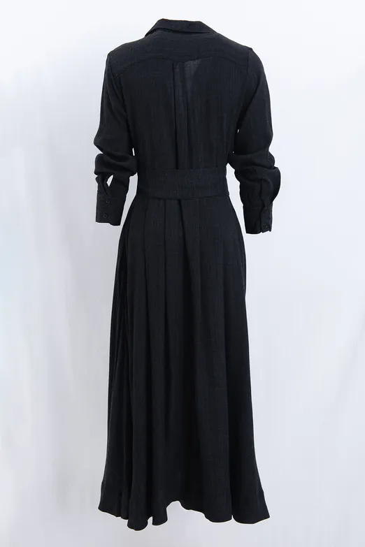 Bayan Antrasit Yün Karışımlı Gömlek Yakalı Midi Elbise - BSL