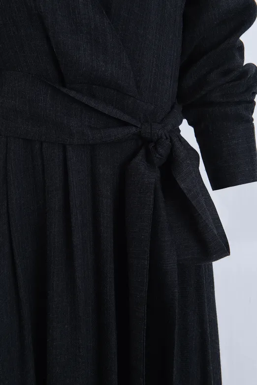 Bayan Antrasit Yün Karışımlı Gömlek Yakalı Midi Elbise - BSL