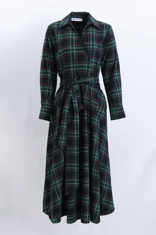 Bayan Yeşil Yün Karışımlı Gömlek Yakalı Midi Elbise - BSL