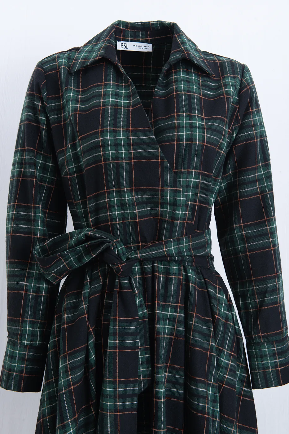 Bayan Yeşil Yün Karışımlı Gömlek Yakalı Midi Elbise