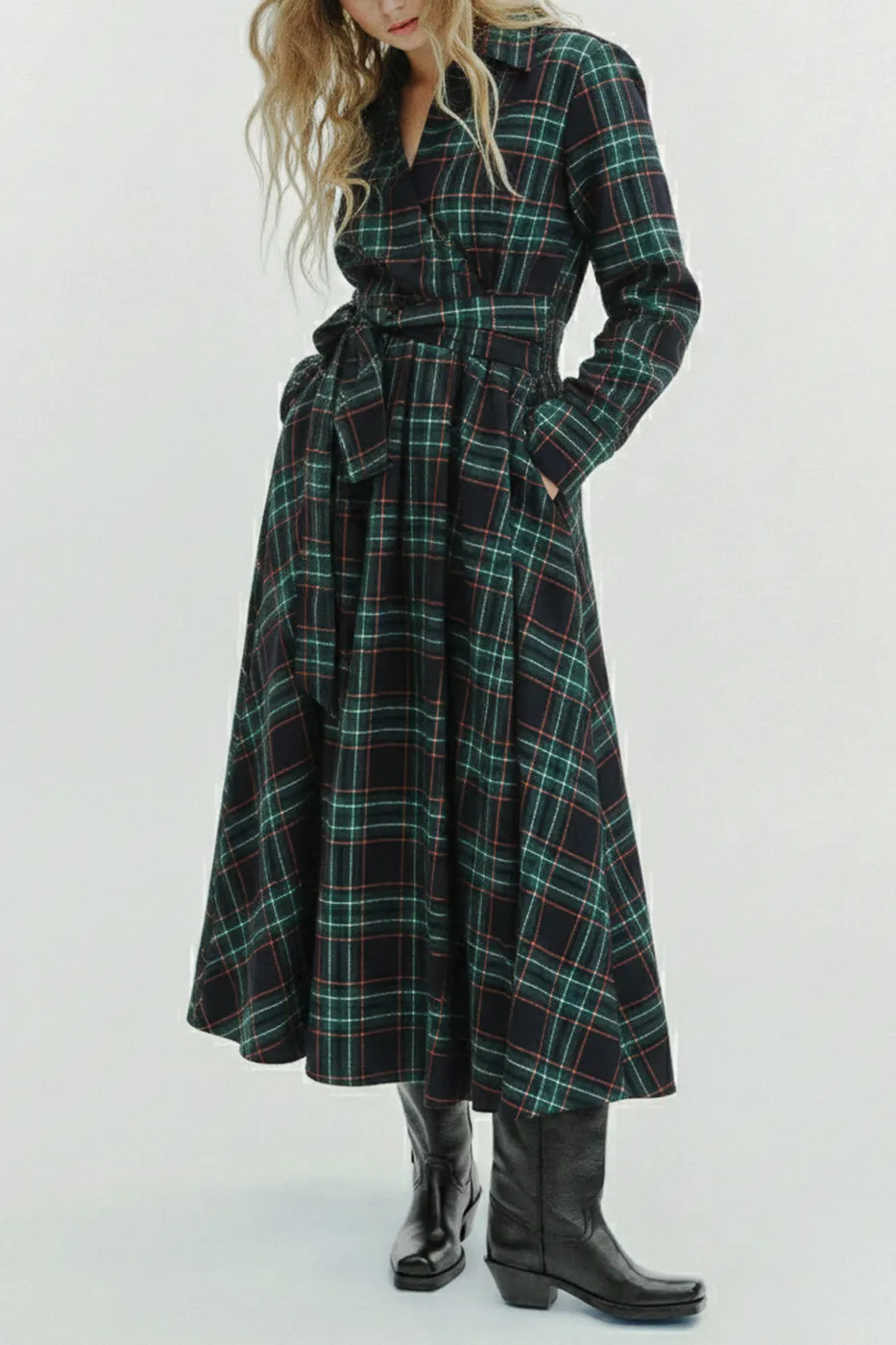 Bayan Yeşil Yün Karışımlı Gömlek Yakalı Midi Elbise