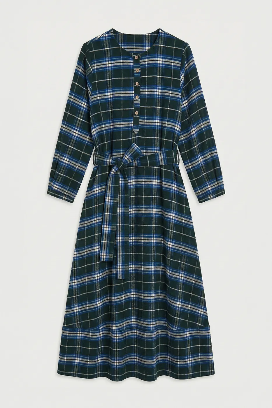 Bayan Mavi Ekoseli Yakasız  Midi Elbise