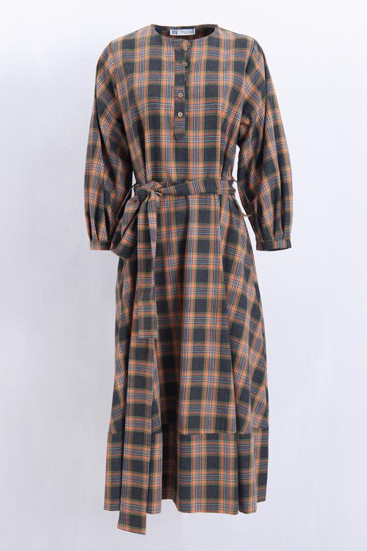 Ekoseli Yakasız  Midi Elbise