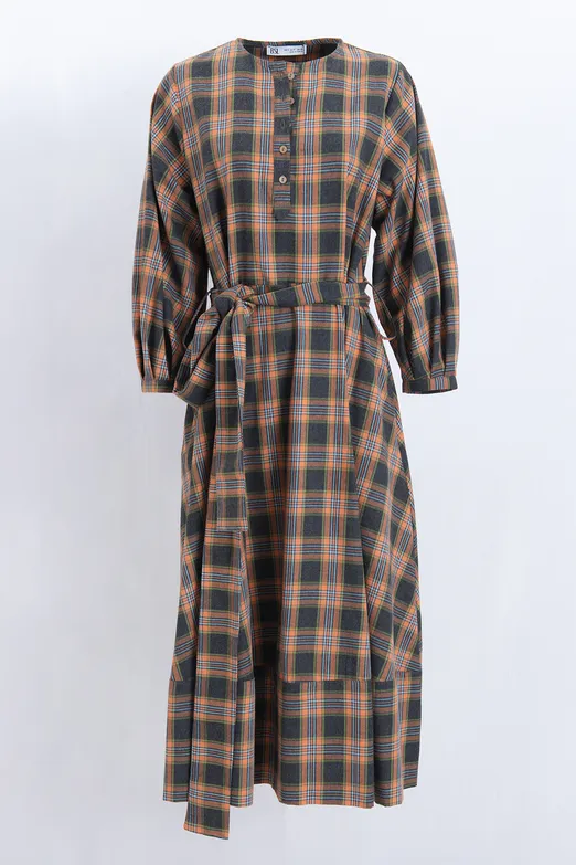 Bayan Oranj Ekoseli Yakasız  Midi Elbise - BSL