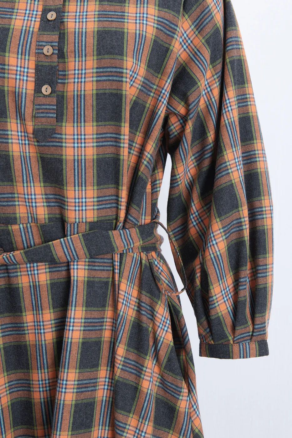 Bayan Oranj Ekoseli Yakasız  Midi Elbise