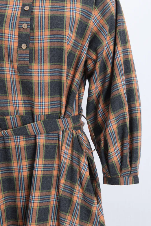 Bayan Oranj Ekoseli Yakasız  Midi Elbise - BSL