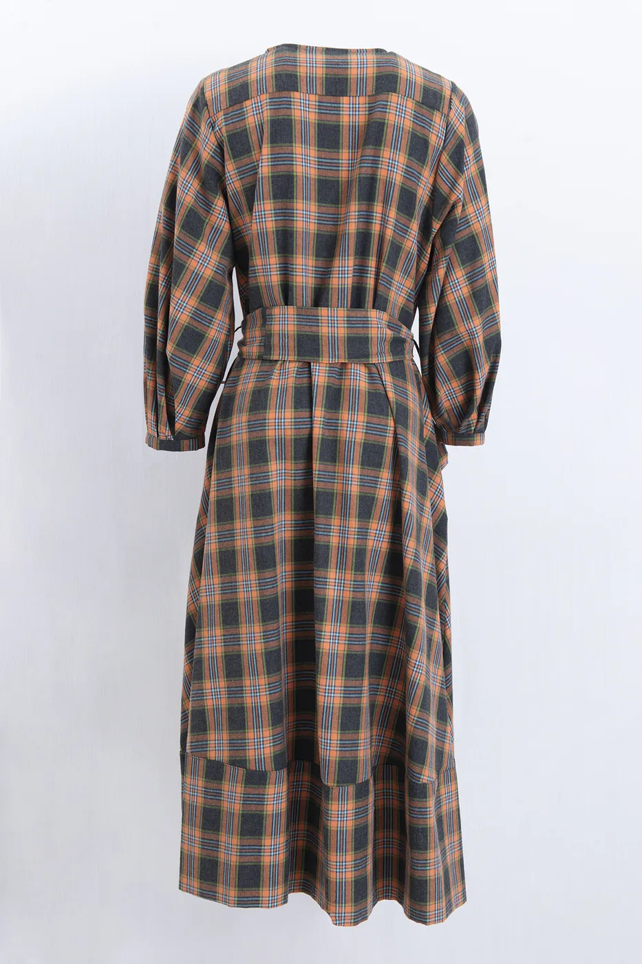 Bayan Oranj Ekoseli Yakasız  Midi Elbise