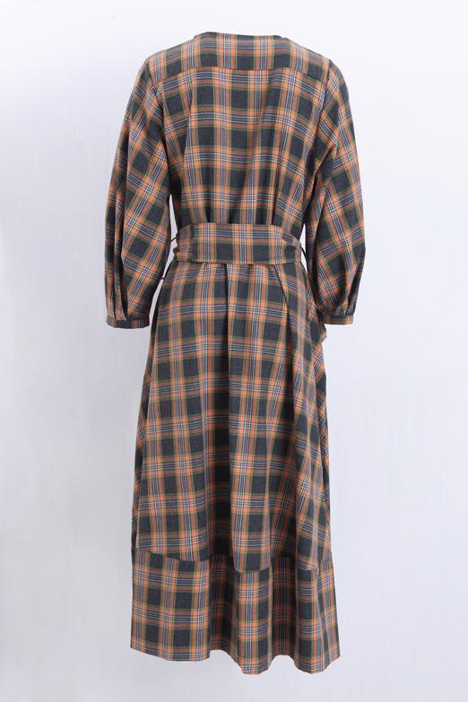 Ekoseli Yakasız  Midi Elbise