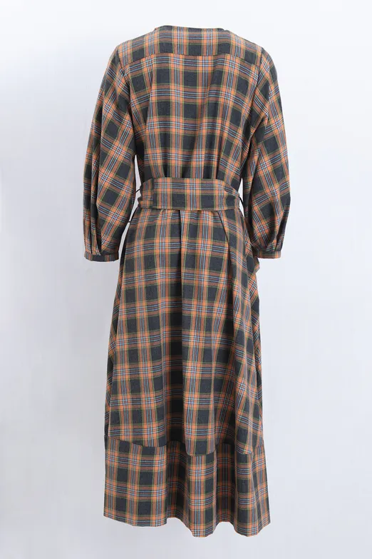 Bayan Oranj Ekoseli Yakasız  Midi Elbise - BSL