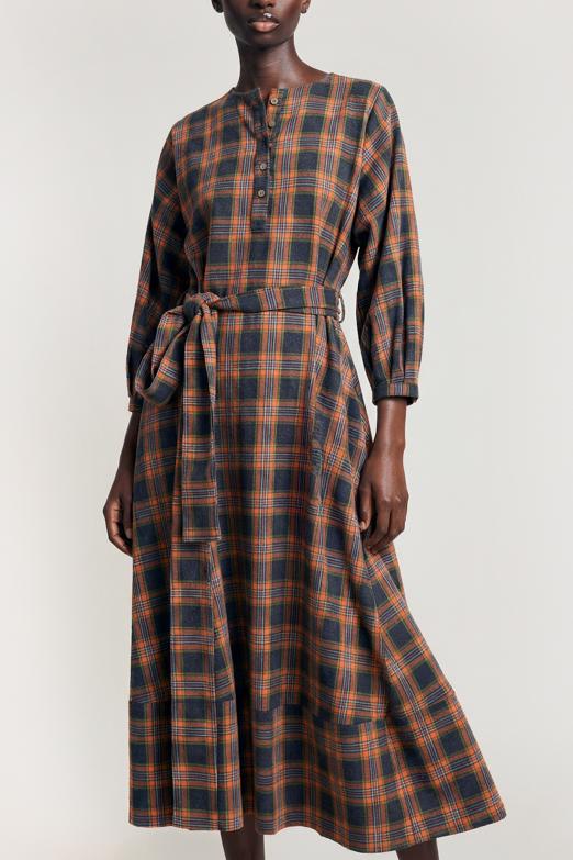 Ekoseli Yakasız  Midi Elbise