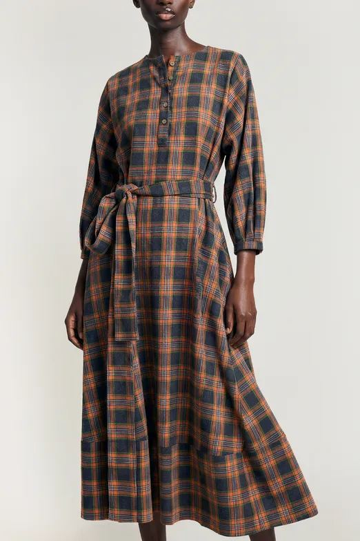 Bayan Oranj Ekoseli Yakasız  Midi Elbise - BSL