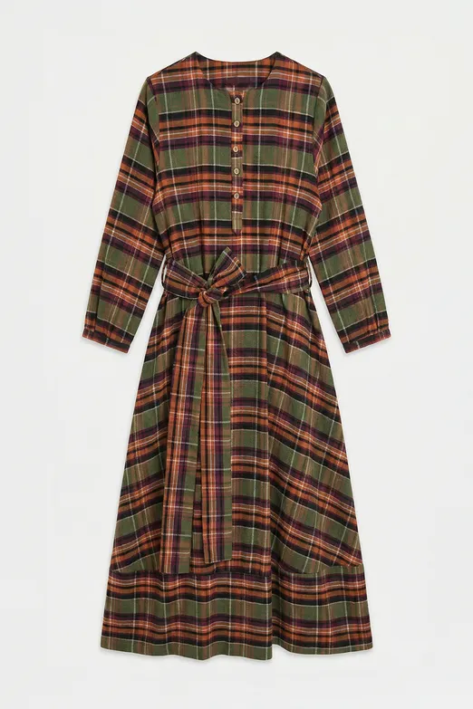 Bayan Yeşil Ekoseli Yakasız  Midi Elbise - BSL