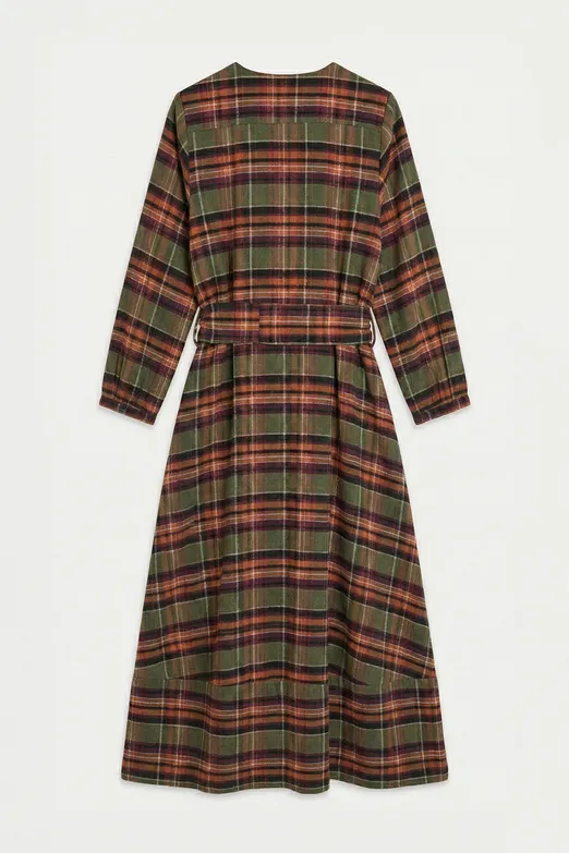 Bayan Yeşil Ekoseli Yakasız  Midi Elbise - BSL