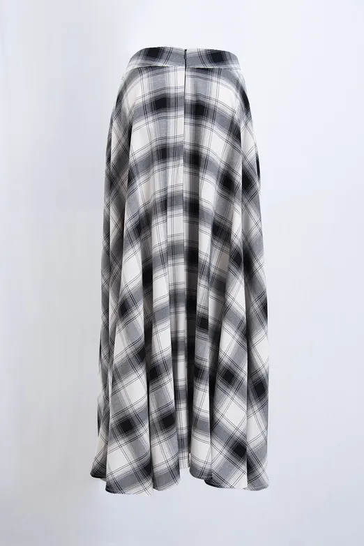 Bayan Ekru Ekoseli Midi Kloş Etek - BSL