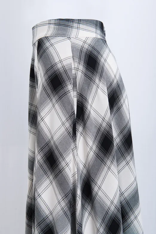 Bayan Ekru Ekoseli Midi Kloş Etek - BSL