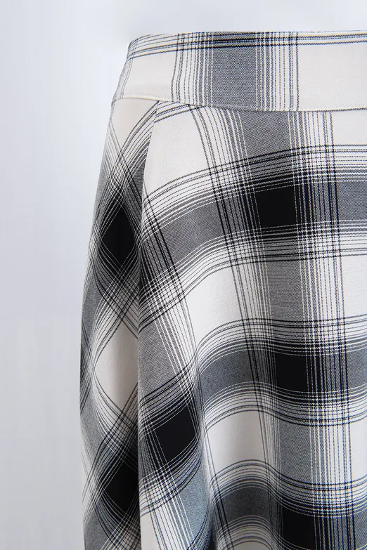 Bayan Ekru Ekoseli Midi Kloş Etek - BSL