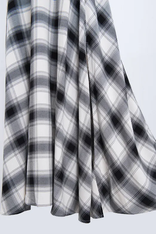 Bayan Ekru Ekoseli Midi Kloş Etek - BSL