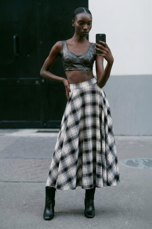 Ekoseli Midi Kloş Etek