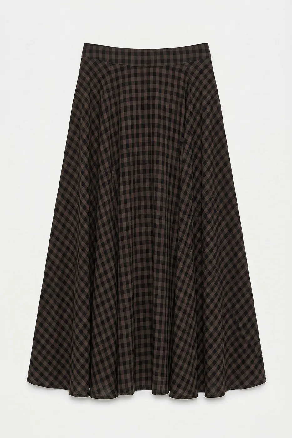 Bayan Kahverengi Ekoseli Midi Kloş Etek