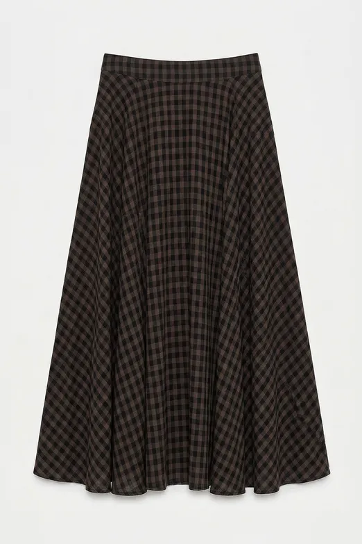 Bayan Kahverengi Ekoseli Midi Kloş Etek - BSL