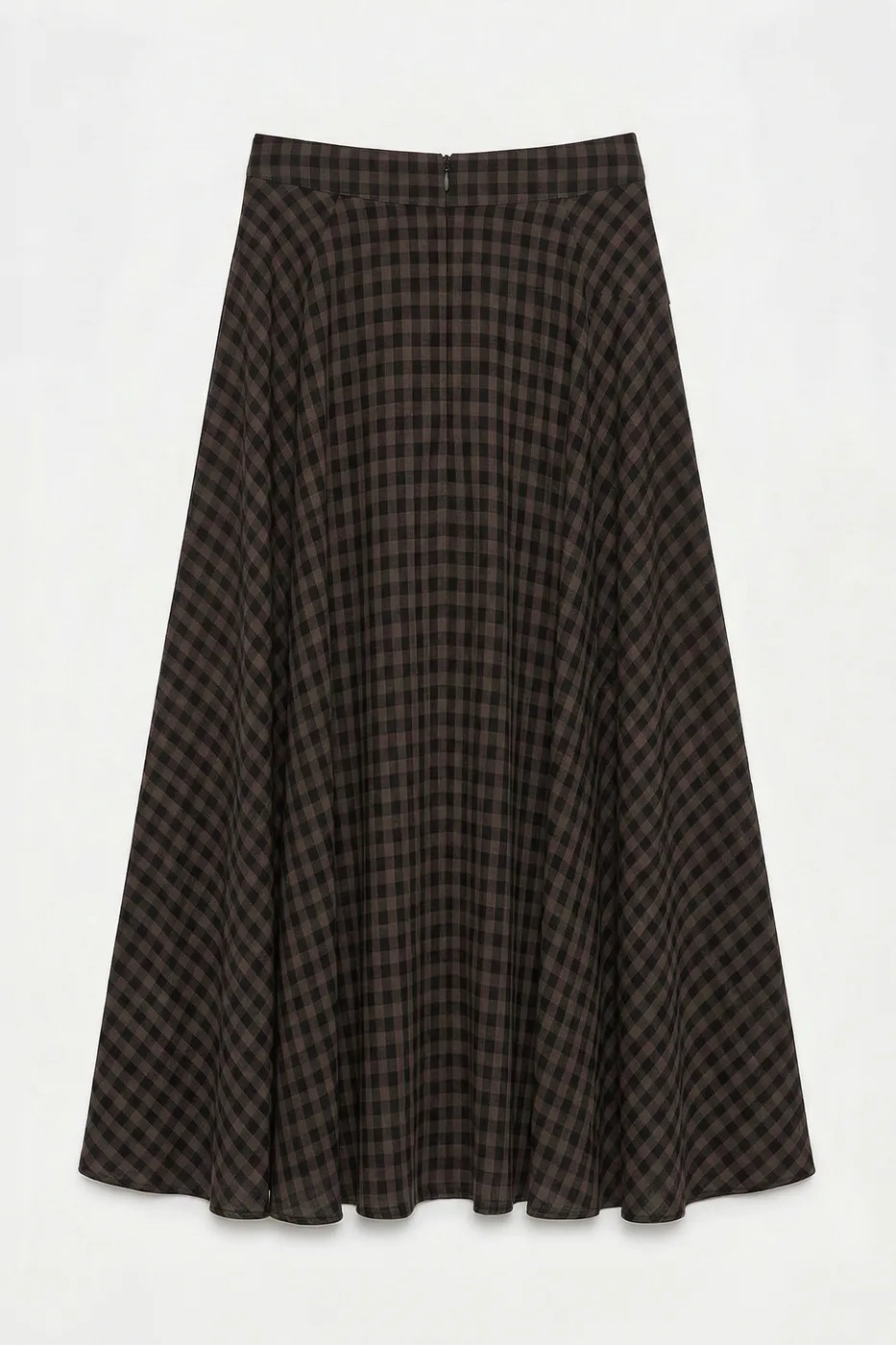 Bayan Kahverengi Ekoseli Midi Kloş Etek