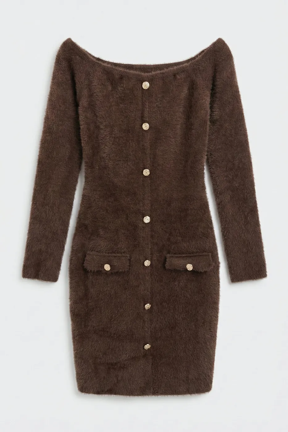 Bayan Kahverengi Triko Carmel Yaka Mini Elbise