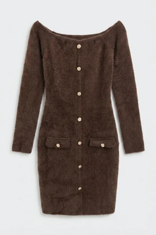 Bayan Kahverengi Triko Carmel Yaka Mini Elbise - BSL