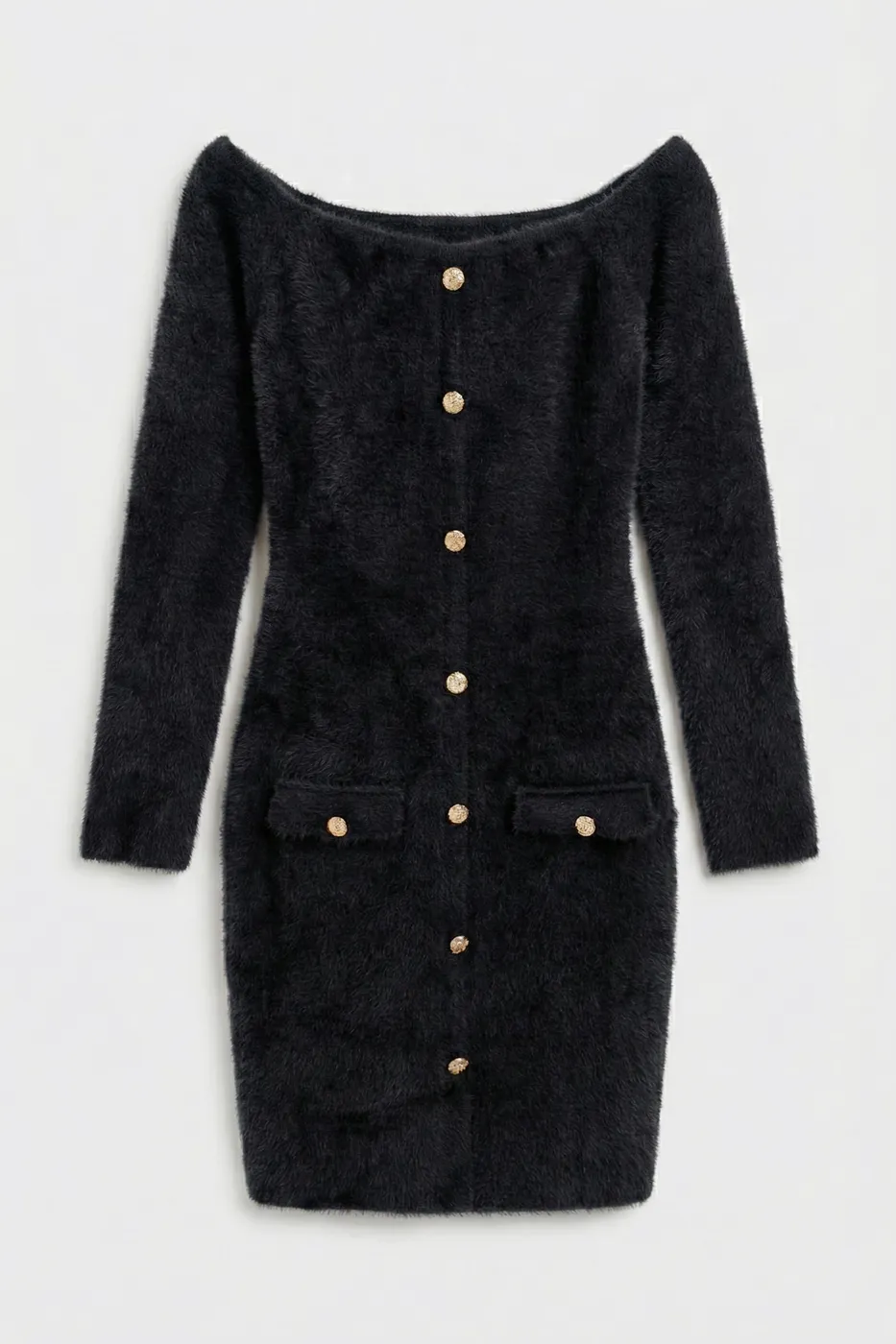 Bayan Siyah Triko Carmel Yaka Mini Elbise