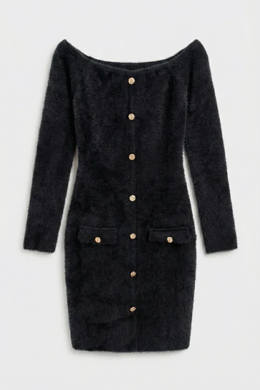 Bayan Siyah Triko Carmel Yaka Mini Elbise - BSL