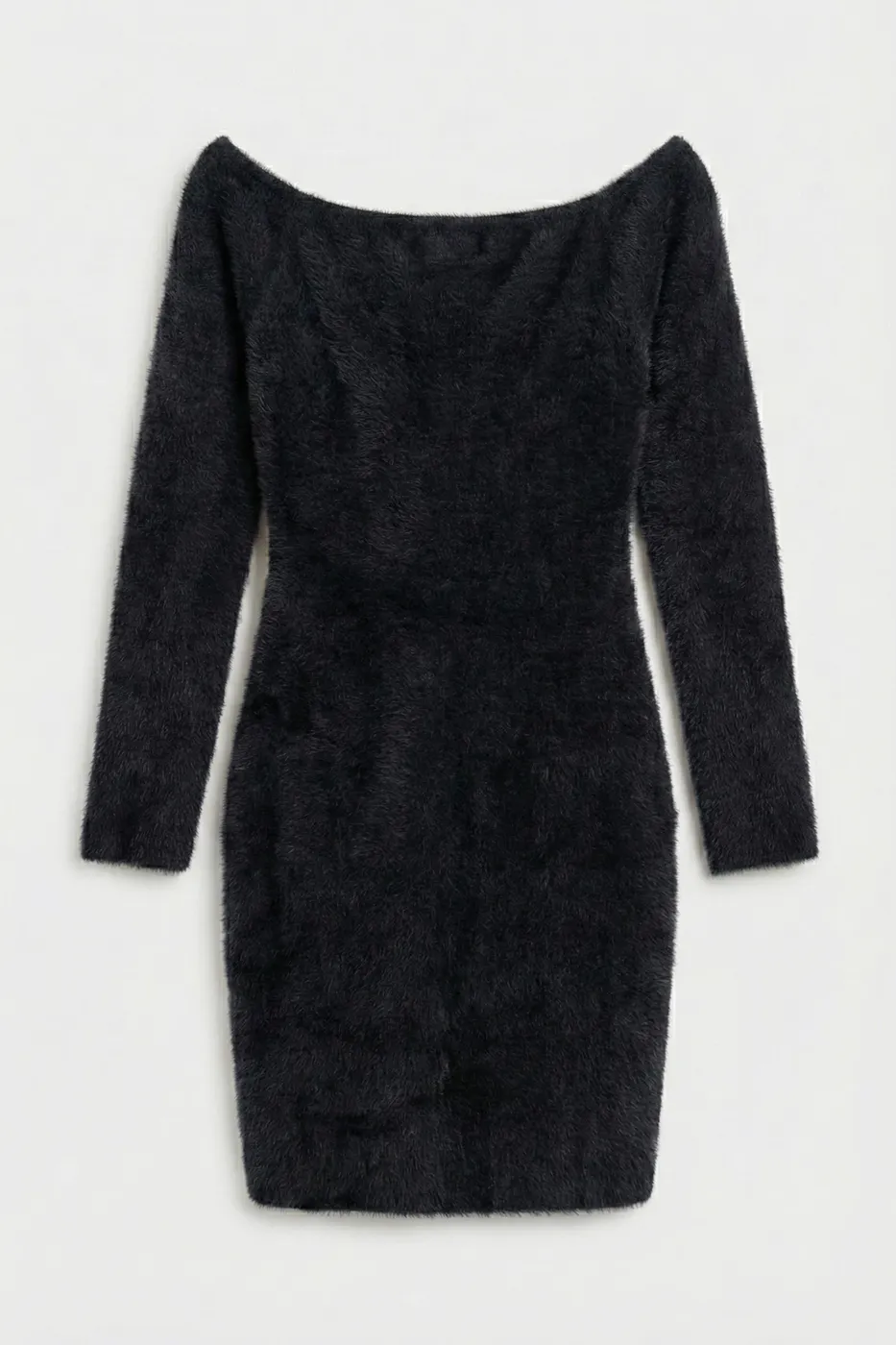 Bayan Siyah Triko Carmel Yaka Mini Elbise