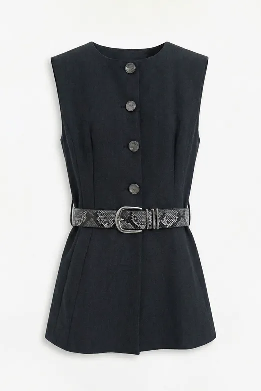 Bayan Antrasit Kemer ve Düğme Detaylı Yelek - BSL