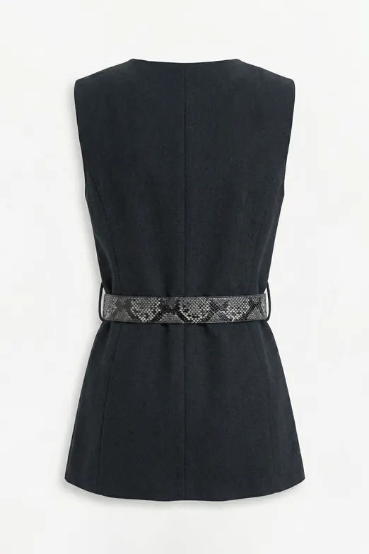 Bayan Antrasit Kemer ve Düğme Detaylı Yelek - BSL