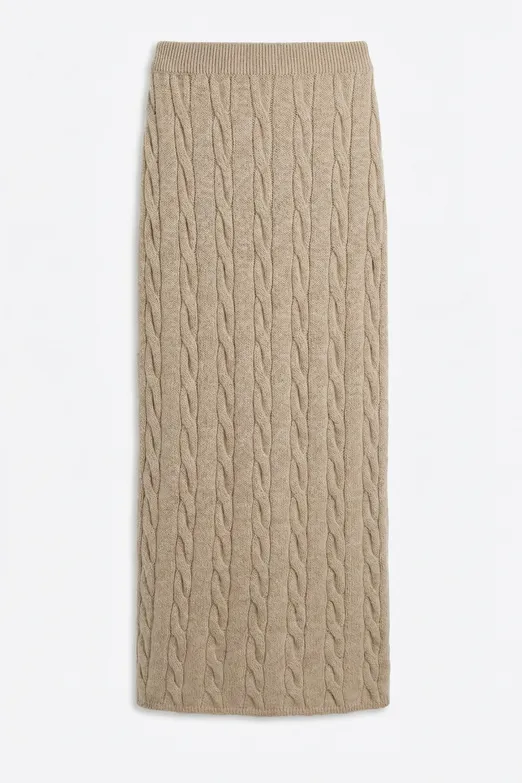 Bayan Bej Saçörgü Triko Midi Dar Etek - BSL