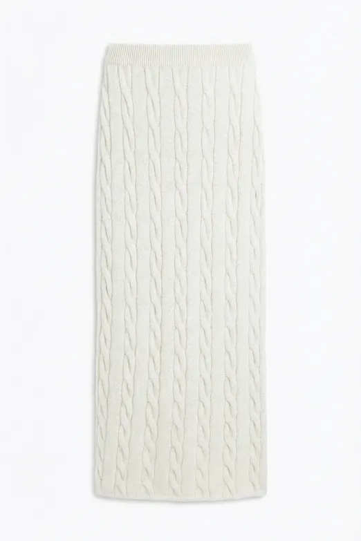 Bayan Ekru Saçörgü Triko Midi Dar Etek - BSL