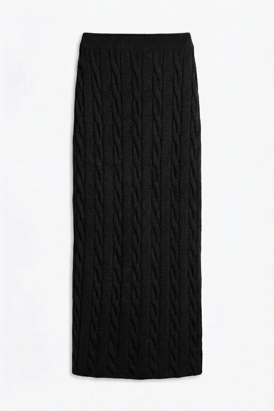 Bayan Siyah Saçörgü Triko Midi Dar Etek